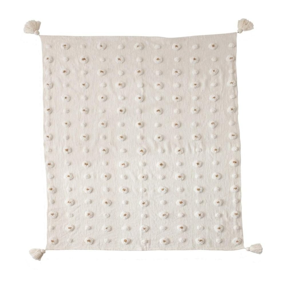 60"L x 50"W White & Gold Color Cotton Tufted Throw